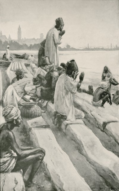 Parsis som tilber den stigende solen på stranden i Bombay av Walter Stanley Paget