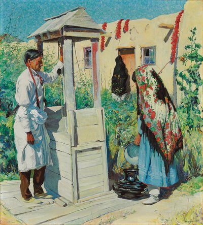 A Pueblo Well Scene (olje på lerret) av Walter Ufer