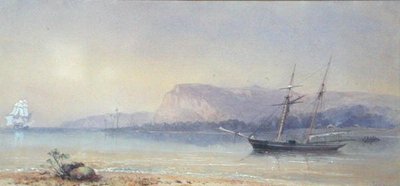 Skip ved anker (akvarell på papir) av Walter William May