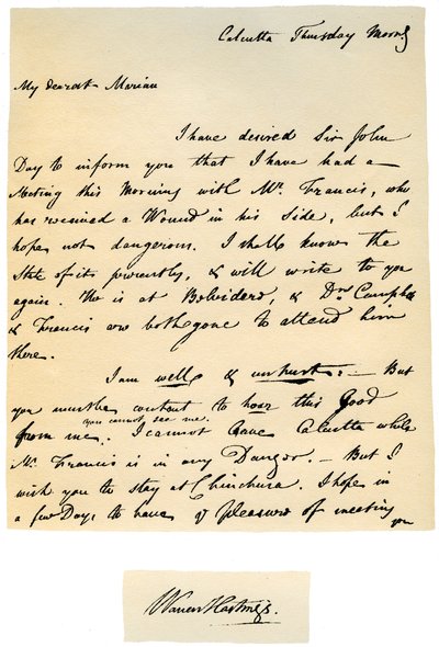 Brev fra Warren Hastings, generalguvernør i Bengal til sin kone, 17. august 1780. av Warren Hastings