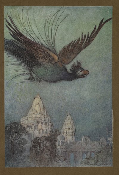 Plate 10: "En monstrøs fugl kommer tilsynelatende ut fra palasset", fra Folk-Tales of Bengal ... Med 32 illustrasjoner i farger av Warwick Goble (Edition de luxe.) 1914 (farge litho) av Warwick Goble