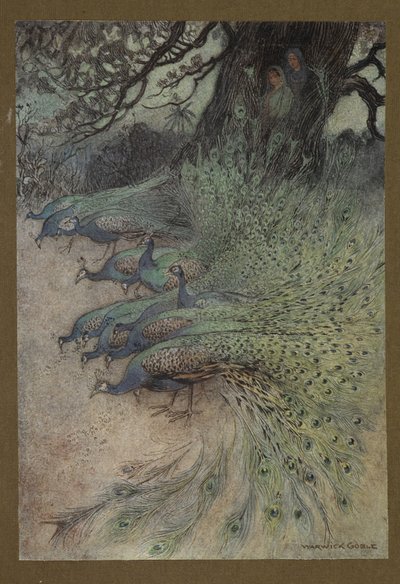 Plate 11: "Hundrevis av påfugler av flotte plumes kom til vollene for å spise khaien", fra Folk-Tales of Bengal ... Med 32 illustrasjoner i farger av Warwick Goble. (Edition de luxe.) av Warwick Goble