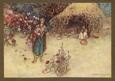 Plate 17: "At dawn he used to cull flowers in the first", fra Folk-Tales of Bengal ... Med 32 illustrasjoner i farger av Warwick Goble. (Edition de luxe.) av Warwick Goble