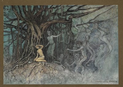 Plate 19: "I det øyeblikket det første slaget ble gitt, stormet mange spøkelser mot Brahman, fra "Folk-Tales of Bengal ... Med 32 illustrasjoner i farger av Warwick Goble (Edition de luxe.) av Warwick Goble