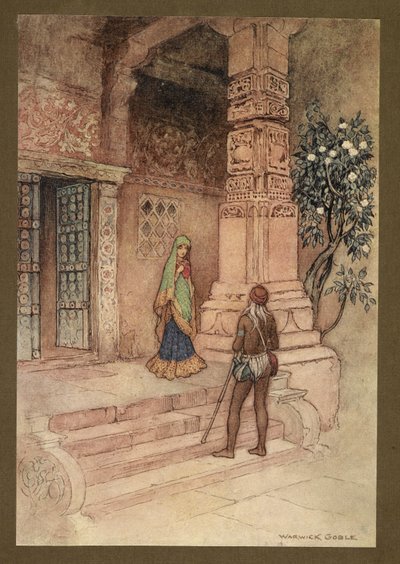 Plate 1: "Suo-dronningen gikk til døren med en håndfull ris." fra Folk-Tales of Bengal ... Med 32 illustrasjoner i farger av Warwick Goble. (Edition de luxe.) av Warwick Goble