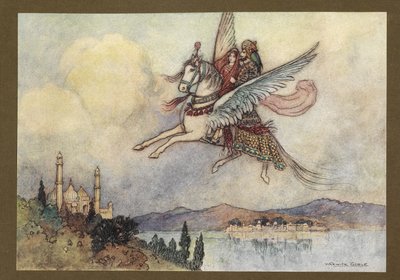 Plate 20: "Damen, kongen og hiramannen nådde alle kongens hovedstad i god behold", fra Folk-Tales of Bengal ... Med 32 illustrasjoner i farger av Warwick Goble (Edition de luxe.) av Warwick Goble