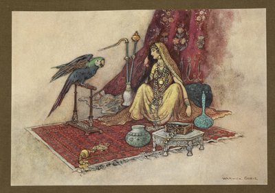 Plate 21: "Hvilken prinsesse har noen gang bare sett en rubin i håret?" fra Folk-Tales of Bengal ... Med 32 illustrasjoner i farger av Warwick Goble (Edition de luxe.) av Warwick Goble