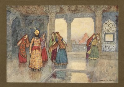 Plate 25: "The six queens tried to comfort him", fra Folk-Tales of Bengal ... Med 32 illustrasjoner i farger av Warwick Goble. (Edition de luxe.) 1914 (farge litho) av Warwick Goble