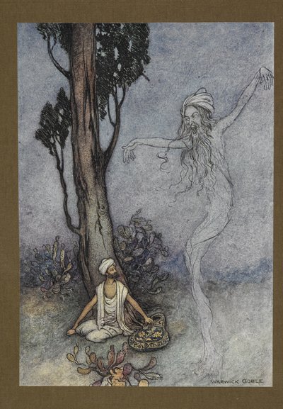Plate 26: "Nå barber, jeg skal ødelegge deg. hvem vil beskytte deg?", fra Folk-Tales of Bengal ... Med 32 illustrasjoner i farger av Warwick Goble (Edition de luxe.) av Warwick Goble