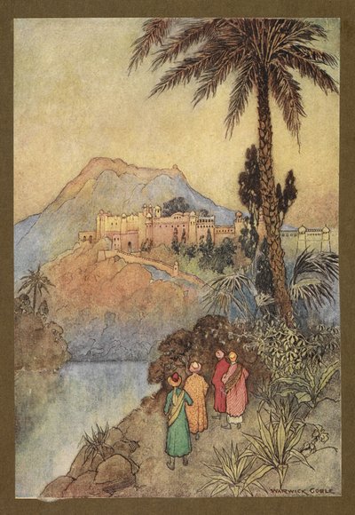 Plate 27: "De nærmet seg et praktfullt sett med bygninger.", fra Folk-Tales of Bengal ... Med 32 illustrasjoner i farger av Warwick Goble. (Edition de luxe.) av Warwick Goble