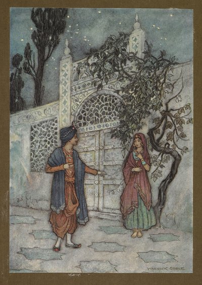 Plate 2: "Prinsen gjenopplivet, og, når han gikk rundt, så en menneskelig figur nær porten", fra Folk-Tales of Bengal... Med 32 illustrasjoner i farger av Warwick Goble av Warwick Goble