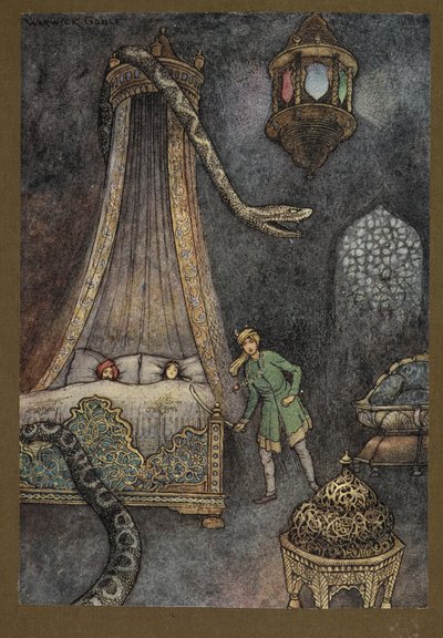 Plate 3: "He hashed out of his hiding-place and killed the serpent", fra Folk-Tales of Bengal ... Med 32 illustrasjoner i farger av Warwick Goble. (Edition de luxe) av Warwick Goble