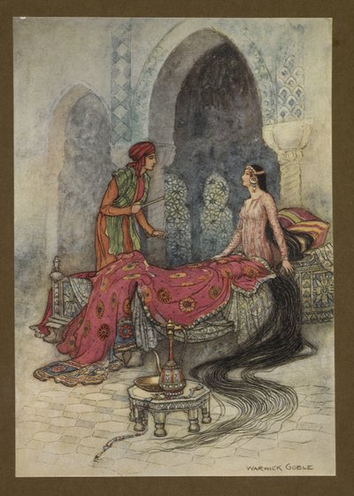 Plate 6: "På et blunk våknet hun, satte seg opp i sengen sin og stirret på den fremmede, spurte hvem han var", fra Folk-Tales of Bengal ... Med 32 illustrasjoner i farger av Warwick Goble. (Edition de luxe.). 1914 av Warwick Goble