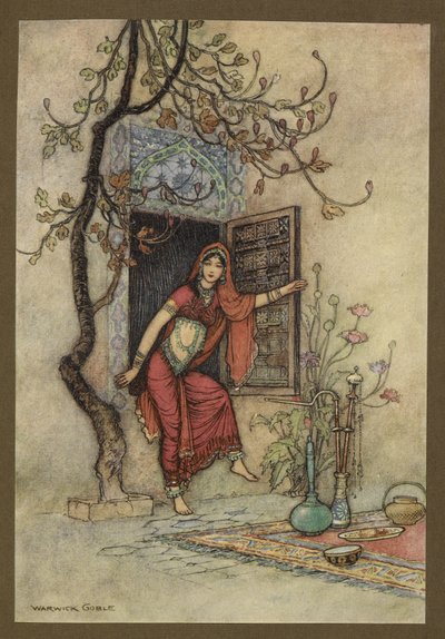 Plate 7: "The Girl of the Wall-Amirah." Folkehistorier om Bengal ... Med 32 illustrasjoner i farger av Warwick Goble (Edition de luxe) av Warwick Goble