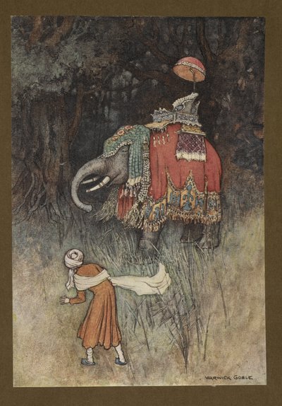 Plate 8: "On a sudden an elephant gorgeously caparisoned across his path", fra Folk-Tales of Bengal ... Med 32 illustrasjoner i farger av Warwick Goble (Edition de luxe) av Warwick Goble