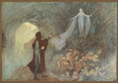 Feen som dukker opp for prinsen i grotten, fra Cenerentola. av Warwick Goble