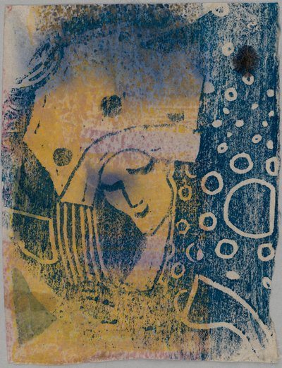 Farbholzschnitt-Probedrucke; Vorderseite: Frauenkopf mit großer Haube, Hintergrund mit Kreismusterung; Rückseite: Hand, stehende Gestalten av Wassily Kandinsky