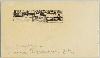 Elvelandskap med båt og bymurer av Wassily Kandinsky