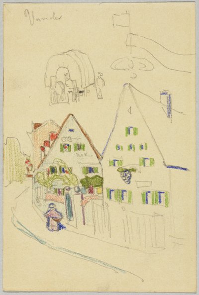 Alleé med gavlhus og overbygde vogner, verso: utsikt over et sted med en løkkuppelkirke av Wassily Kandinsky