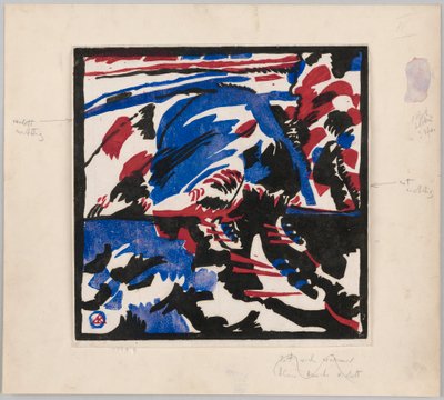 Holzschnitt zu dem Gemälde "Kahnfahrt" (Probedruck mit Anweisungen für Kandinskys Buch "Klänge" (1912), S. 49) av Wassily Kandinsky