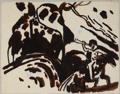 Landskap med en rytter som blåser i trompet av Wassily Kandinsky