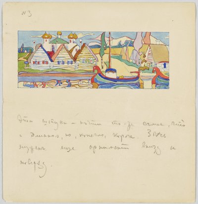 Russisk landsby ved elven med skip av Wassily Kandinsky
