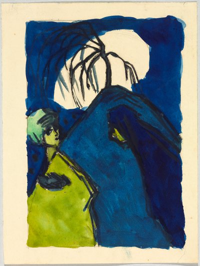 Zwei Gestalten vor Hügel mit Baum und weißer Wolke; Begegnung av Wassily Kandinsky