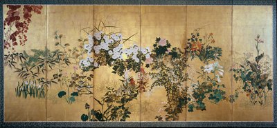 Skjerm med høst- og vinterblomster, tidlig 1700-tall av Watanabe Shiko