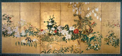 Skjerm med vår- og sommerblomster, tidlig 1700-tall av Watanabe Shiko