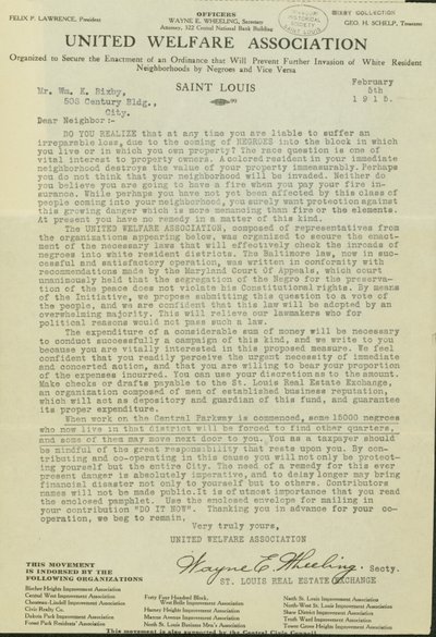 Brev fra Wayne E. Wheeling, United Welfare Association, til Dear Neighbor, 5. februar 1915 av Wayne E. Wheeling