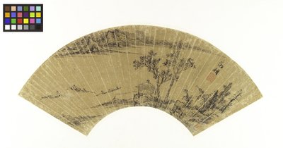 Landskap med innsjø og tre båter, 1500-tallet (blekk på gullpapir montert på brettet) av Wen Zhengming