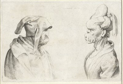 Deformerte hoder av en mann med en floppy hatt og en kvinne med bundet hår Varie figurae et probae (serietittel) Karikaturer, hoder og misdannelser etter Leonardo da Vinci (serietittel) av Wenceslaus Hollar (attributed to)