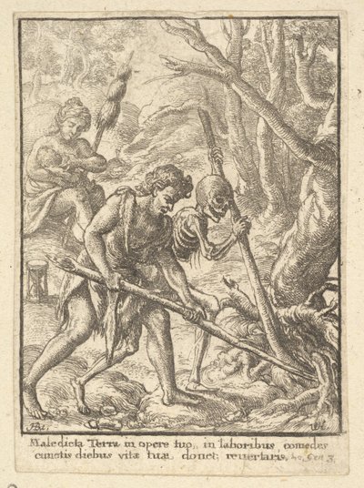 Adam Ploughing fra Dødsdansen, 1651. av Wenceslaus Hollar