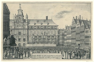 Proklamasjon av freden i Munster i Antwerpen, 1648 Eygentlycke skildrer måten den Peys ble publisert på, mellom syne Mayesteyt den Coninck van Spagnien, og Heeren Staten Generael van de Vereenich[de] Nederlanden på en Heerlyc av Wenceslaus Hollar
