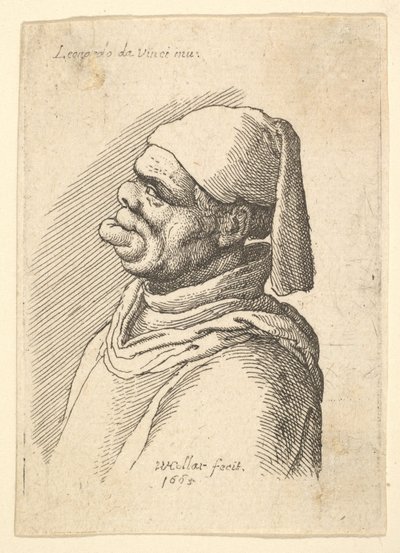 Byste av en deformert mann med hatt og fett, utstående underleppe i profil til venstre, 1625-77. av Wenceslaus Hollar
