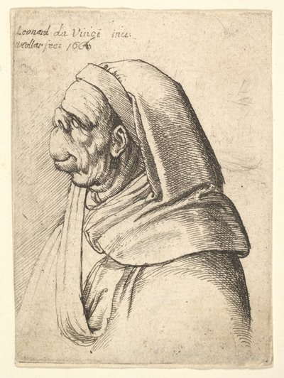 Byste av en mann med liten oppslått nese og svært høy overleppe, iført hette, i profil..., 1666. av Wenceslaus Hollar
