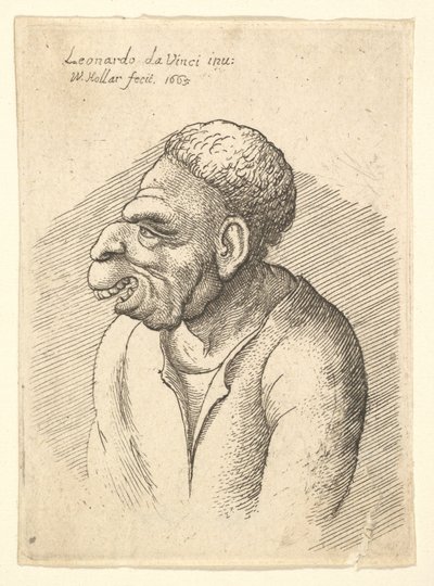 Byste av en mann med krokete nese, fremtredende overleppe, åpen munn og kort krøllete hår..., 1665. av Wenceslaus Hollar