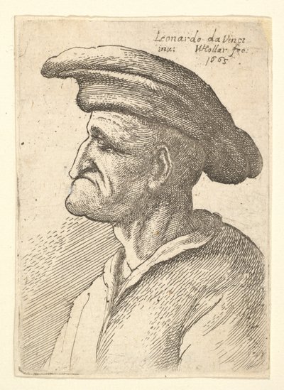 Byste av eldre mann med nese som møter underleppen, iført bred flat hette i profil t..., 1665. av Wenceslaus Hollar