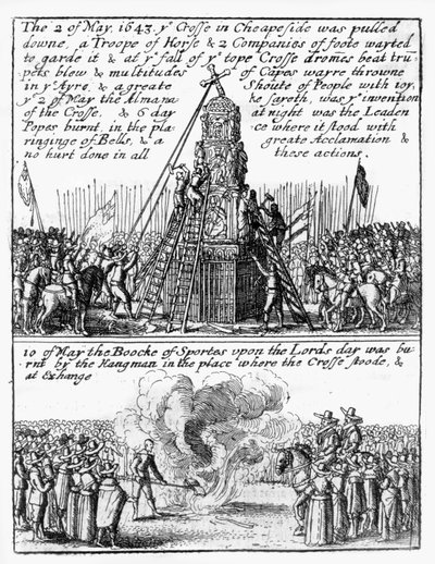 Ødeleggelse av Cheapside Cross; 'Sportens bok' brant på stedet av Wenceslaus Hollar