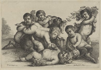 Tre små gutter, to satyrer og en bacchant en geit Putti and Satyrs (serietittel) av Wenceslaus Hollar