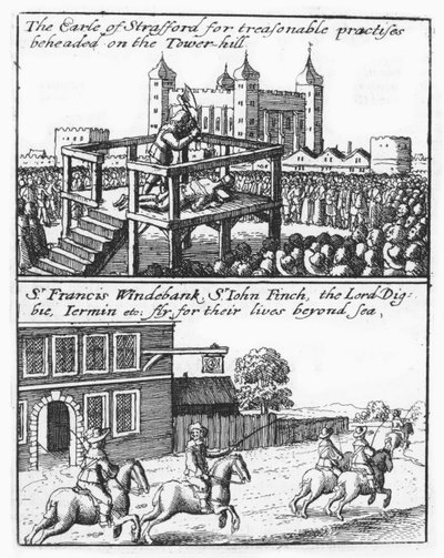 Jarl av Stafford halshugget på Tower Hill; Sir Francis Windebank, Sir John Finch og Lord Digby flykter fra England av Wenceslaus Hollar