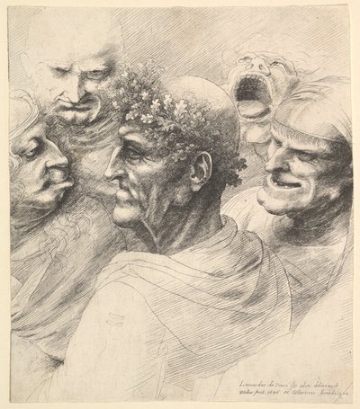 Fem groteske hoder, inkludert en eldre mann med eikebladkrans, 1646. av Wenceslaus Hollar
