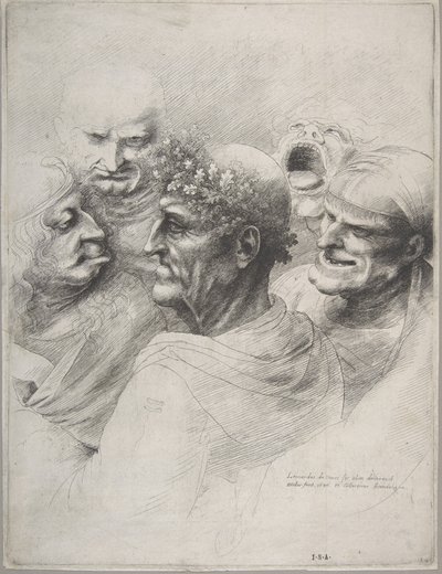 Fem groteske hoder, inkludert en eldre mann med eikebladkrans, 1646., 1646. av Wenceslaus Hollar