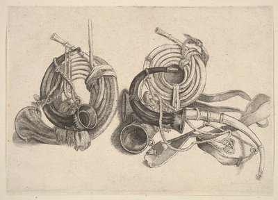 Fem jakthorn, 1625-77. av Wenceslaus Hollar