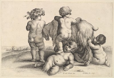 Fire gutter, en ung satyr og en geit, 1647. av Wenceslaus Hollar