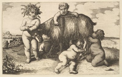 Fire gutter, en ung satyr og en geitekopi omvendt, 1600-tallet. av Wenceslaus Hollar