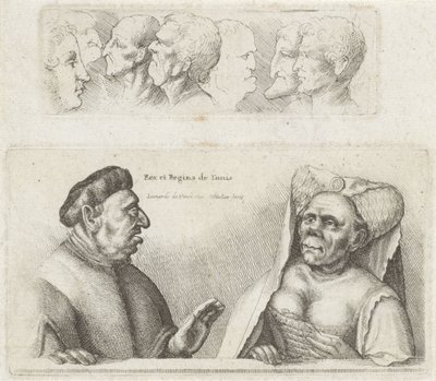 Frisisk med studiehoder / karikaturer av kongen og dronningen av Tunisia Rex et Regina de Tunis (tittel på objekt) Varie figurae et probae (serietittel) Karikaturer, hoder og misdannelser etter Leonardo da Vinci (serietittel) av Wenceslaus Hollar