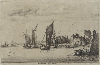 Utsikt over Willebroek nær Mechelen Willebroek bey Boom (tittel på objekt) Elvelandskap og kystutsikt (serietittel) av Wenceslaus Hollar