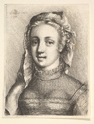 Hode og skuldre til en kvinne med slør og utslitt hals, 1645. av Wenceslaus Hollar