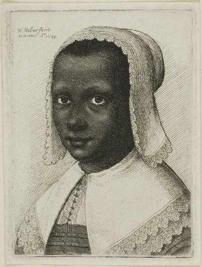 Hodet til en svart kvinne med en blondetørklehatt av Wenceslaus Hollar
